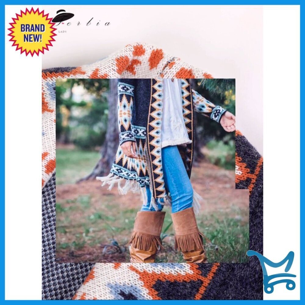 Oversized Boho Cardigan Sweater Long Open Front Tassel Fringe Knit Aztec Tribal - Picture 5 of 6